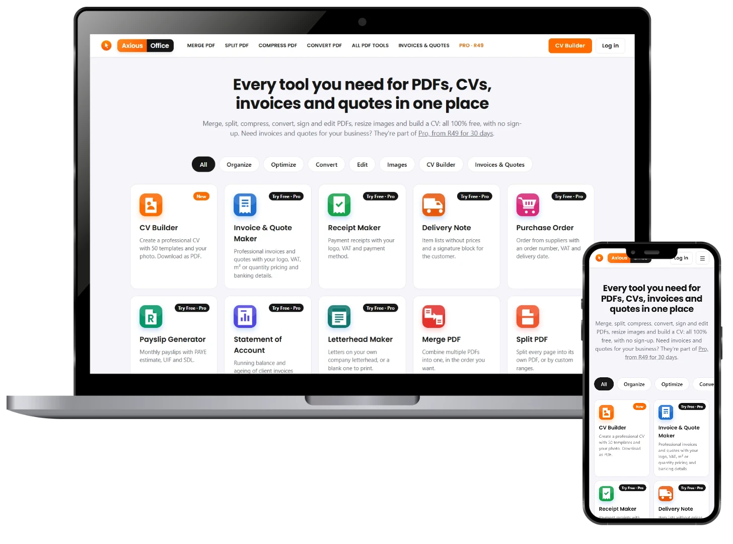 Axious Office on a laptop and a phone: PDF tools, CV builder and invoice maker